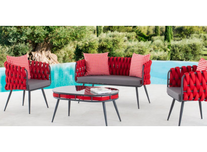 Conjunto de jardín rojo de lujo, muebles de asiento, mesa, sofá, sofá de terraza de 4 piezas.