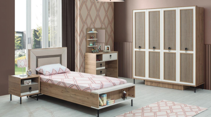 Conjunto de dormitorio Cama juvenil Cama infantil Marrón Madera Set 5 piezas Cama Moderna