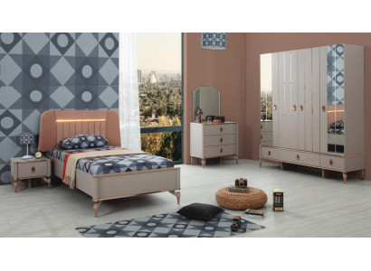 Cama para niños Muebles infantiles Cama infantil Juego completo de madera beige 5 piezas Moderno