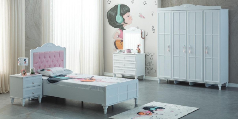 Lujo de muebles completos para niños Cama infantil Blanco Juego de madera 5 piezas Dormitorio infantil