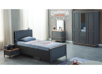 Cama infantil, habitación infantil, juego de muebles infantiles, cama gris de madera, set de 5 piezas.