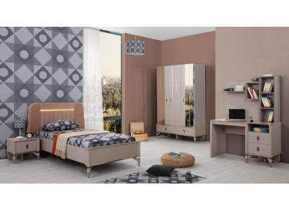 Muebles infantiles completos para niñas, conjunto de cama de madera de 4 piezas en beige para habitación infantil.