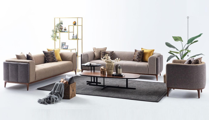 Conjunto de tres plazas, cuatro plazas, sillón y sofá de tela beige. Juego de sofás de tela 4+3+1.