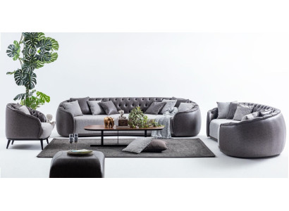 Muebles de lujo para villas. Conjunto de sofás Chesterfield gris en tela para 4+3+1.