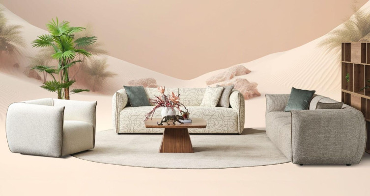 Conjunto de sofá de tres plazas, sillón y sofá de tela beige sofá de tela de cuatro plazas 4+3+1