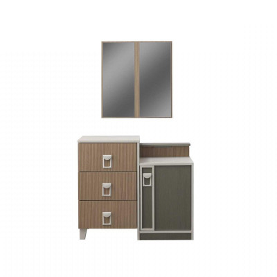 Cómoda de dormitorio con espejo de madera en color marrón, juego de mesa consola.