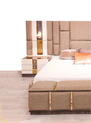 Juego de dormitorio de diseñador con cama doble de lujo, 2 mesitas de noche nuevas, armario.