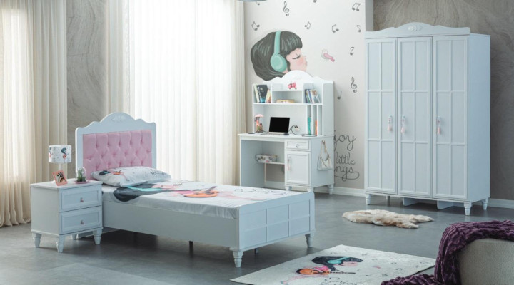 Grupo blanco Cama infantil Muebles infantiles Habitación infantil Cama Madera Set de 4 piezas