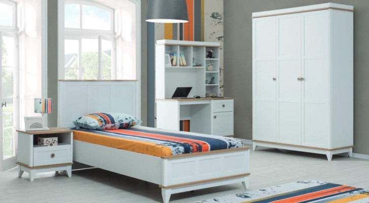 Juego completo de cama juvenil para niños, cama infantil de madera blanca, conjunto moderno de 4 piezas.
