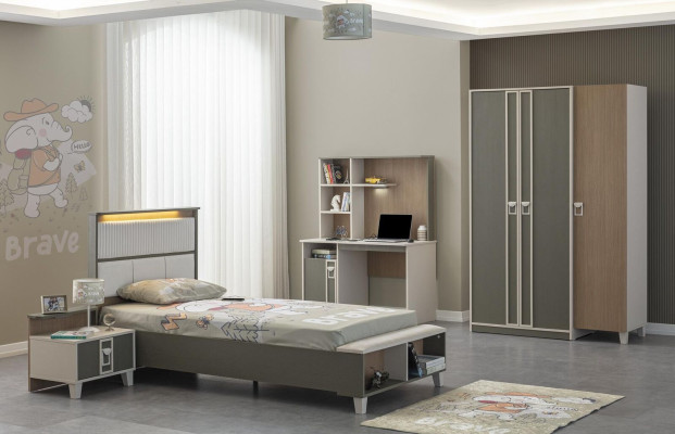 Conjunto de habitación infantil Cama infantil Muebles infantiles Gris Madera Juego de 4 piezas