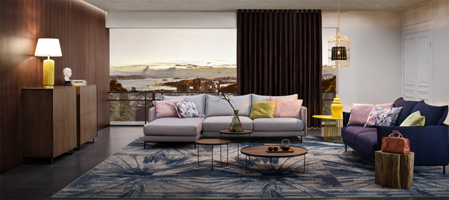 Sofá de esquina en forma de L, tela de poliéster acolchado, asiento de sofá textil diseño italiano Nuevo.