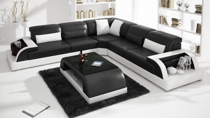 Sofá de cuero moderno, conjunto de sofás de cuero, sofá en forma de L, mesa de café.