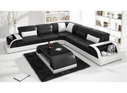 Sofá de cuero moderno, conjunto de sofás de cuero, sofá en forma de L, mesa de café.
