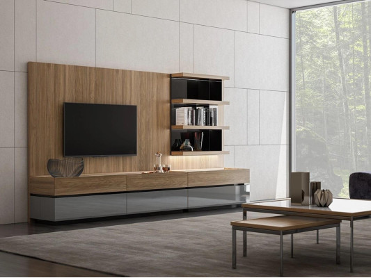 Muebles de sala, pared de salón de 320 cm, mobiliario marrón de lujo, estanterías de pared.