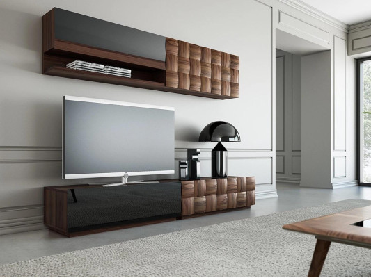 Sala de estar completa de 4 piezas: soporte para TV, pared de la sala, muebles de madera, estante de pared, armario de pared.