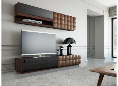 Sala de estar completa de 4 piezas: soporte para TV, pared de la sala, muebles de madera, estante de pared, armario de pared.