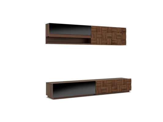 Sala de estar completa de 4 piezas: soporte para TV, pared de la sala, muebles de madera, estante de pared, armario de pared.