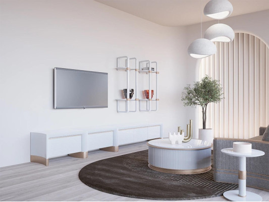 Mueble de sala de estar de madera diseño de soporte para TV 2 estantes de pared mobiliario moderno