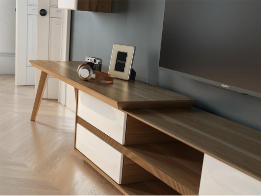 Mueble para TV de 5 piezas de madera + mesa de centro moderna, 2 estantes de pared.
