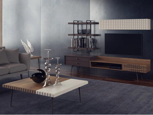 Muebles de salón completos en marrón. Armario de pared, mueble de salón, soporte para TV, estanterías de pared.