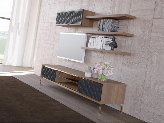 Conjunto completo de muebles de madera modernos para sala de estar, armario de pared, 5 piezas, 3 estantes de pared nuevos.