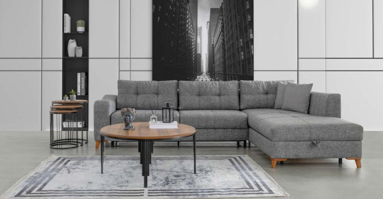 Sofá de esquina en forma de L gris, diseñador de salas de estar, sofás de lujo, muebles de madera.