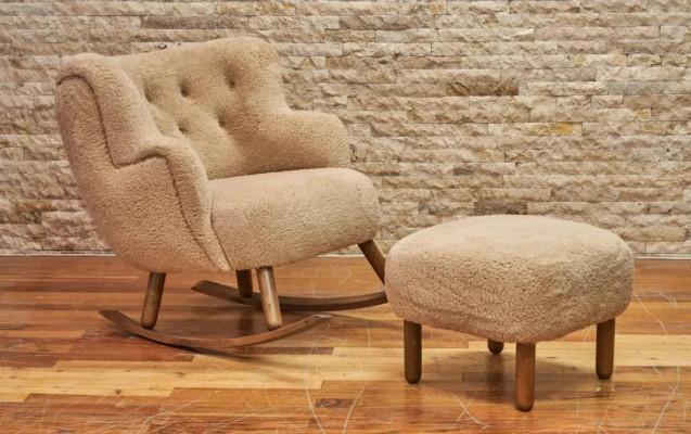 Beige mecedora de lujo taburete conjunto de sala de estar reposapiés 2 piezas.