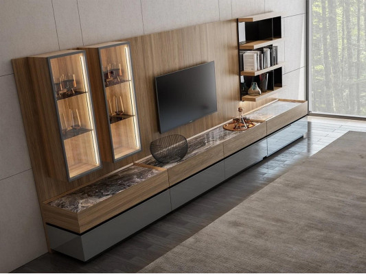 Diseño moderno. Conjunto de pared para sala de estar con soporte para TV, estantes de pared y muebles de madera, nuevo.