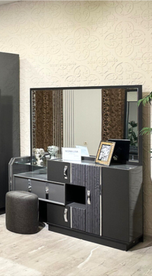 Mesa de tocador gris con espejo, moderna decoración, muebles de dormitorio de diseñador nuevos.