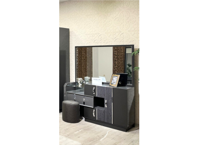 Mesa de tocador gris con espejo, moderna decoración, muebles de dormitorio de diseñador nuevos.