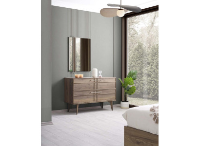 Cómoda con espejo consola de dormitorio de madera marrón moderna de 2 piezas.