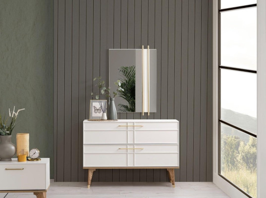 Cómoda con espejo consola de dormitorio de madera blanco set 2 piezas moderno.