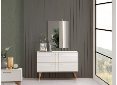 Cómoda con espejo consola de dormitorio de madera blanco set 2 piezas moderno.