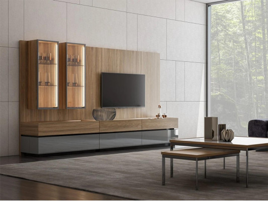 Lujo conjunto completo de pared de la sala de estar en marrón. Conjunto de muebles de diseño moderno para el soporte de TV.
