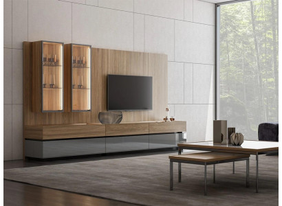 Lujo conjunto completo de pared de la sala de estar en marrón. Conjunto de muebles de diseño moderno para el soporte de TV.