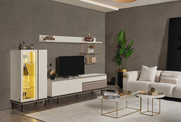 Sala de estar blanca Conjunto de muebles de diseñador Soporte de TV de lujo Vitrina LED de madera Estante