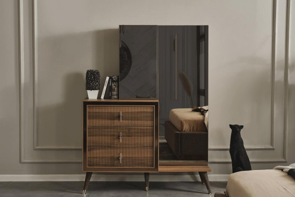 Muebles de dormitorio marrones, cómoda con espejo, conjunto de madera de lujo de 3 puertas.