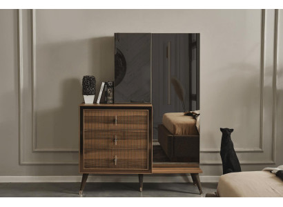 Muebles de dormitorio marrones, cómoda con espejo, conjunto de madera de lujo de 3 puertas.