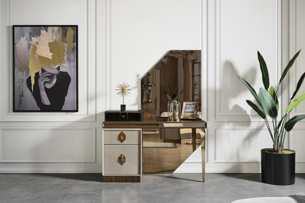 Espejo de diseñador para tocador blanco-marrón, conjunto de muebles para dormitorio de 2 piezas.