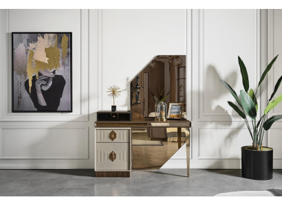 Espejo de diseñador para tocador blanco-marrón, conjunto de muebles para dormitorio de 2 piezas.