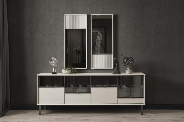 Set moderno de diseñador, aparador blanco con 2 espejos, 4 puertas, conjunto de lujo de 2 piezas.