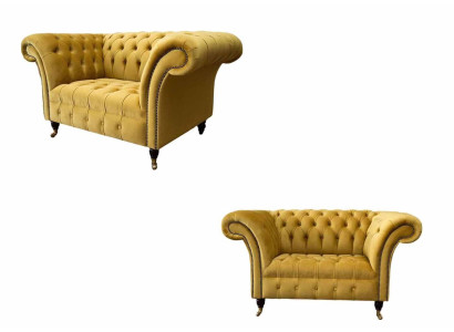 Sofá Chesterfield Conjunto de muebles 2x de un asiento Set Sofá Amarillo Textil