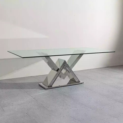 Mesa de comedor de lujo, mesa de columna plateada, mesas de comedor, mesa de comedor de cristal