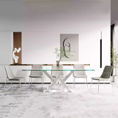 Mesa de comedor de lujo, mesa de columna plateada, mesas de comedor, mesa de comedor de cristal