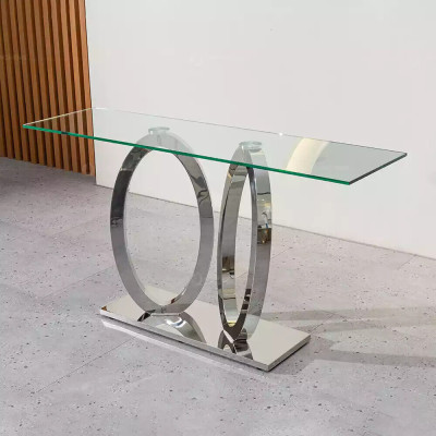 Diseño de mesa consola de lujo de diseñador, mesas consola de acero inoxidable con diseño de vidrio.