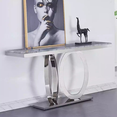 Diseño de mesa consola de lujo de diseñador, mesas consola de acero inoxidable con diseño de vidrio.