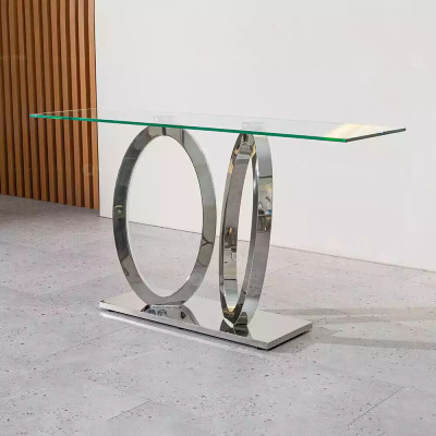 Diseño de mesa consola de lujo de diseñador, mesas consola de acero inoxidable con diseño de vidrio.