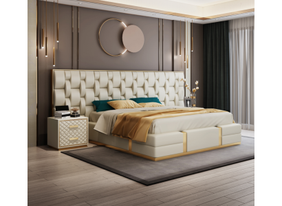 Cama tapizada de diseño de lujo, cama doble, dormitorio, cama de hotel nueva.