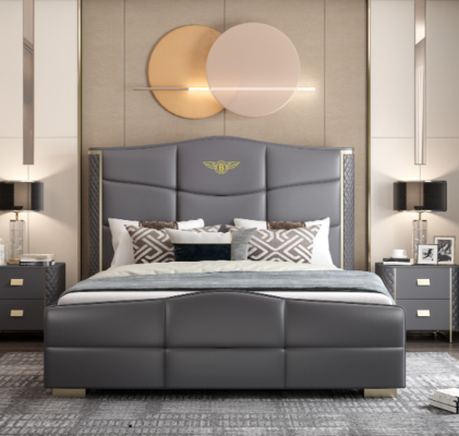 Diseño de cama doble. Muebles de lujo modernos para dormitorio de hotel. Marco de cama.