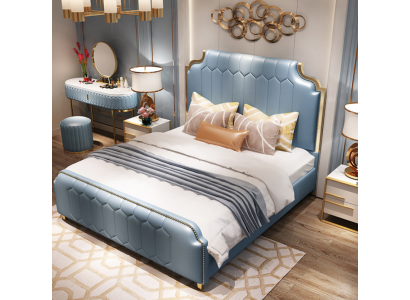 Cama doble moderna de madera azul estilo madera para dormitorio nuevo.